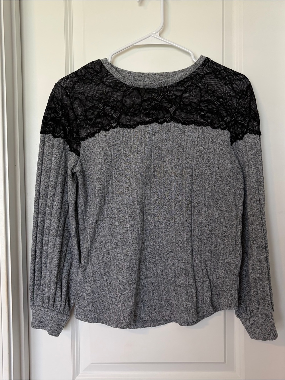 Maurices Grey Ribbed Sweater with Black Lace Yoke
Size S